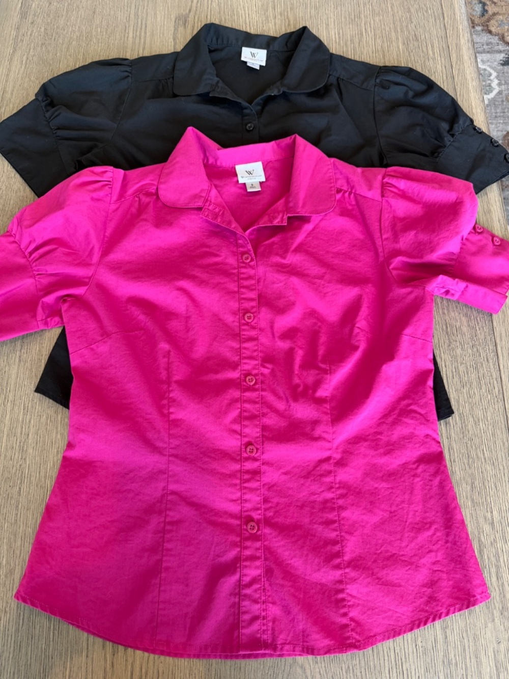 Worthington Stretch Tailored Puff Sleeve Fitted Hot Pink Black Tops Versatile S